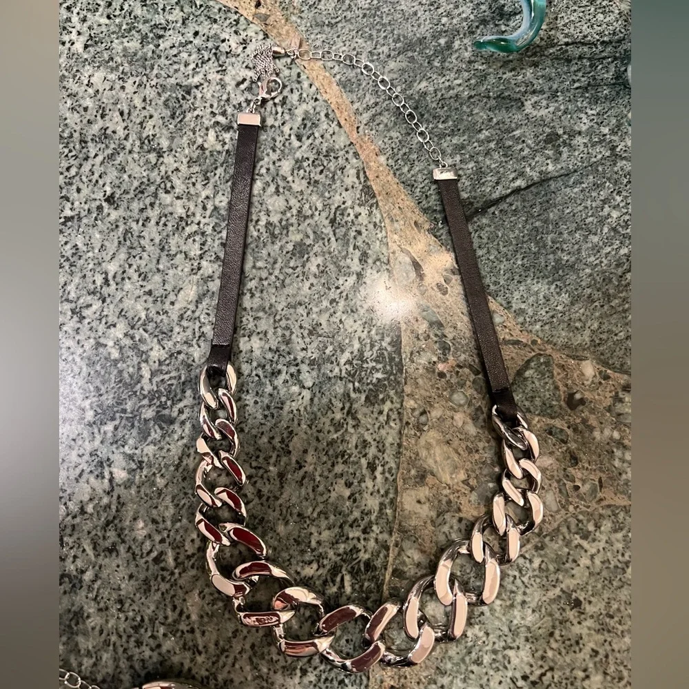 Silver and Black thick Chain Necklace/Choker & Bracelet
